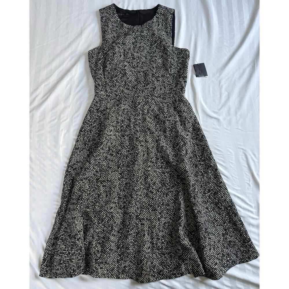 ZARA Basic Herringbone Fit And Flare Sleeveless Midi Dress Black Off White Large